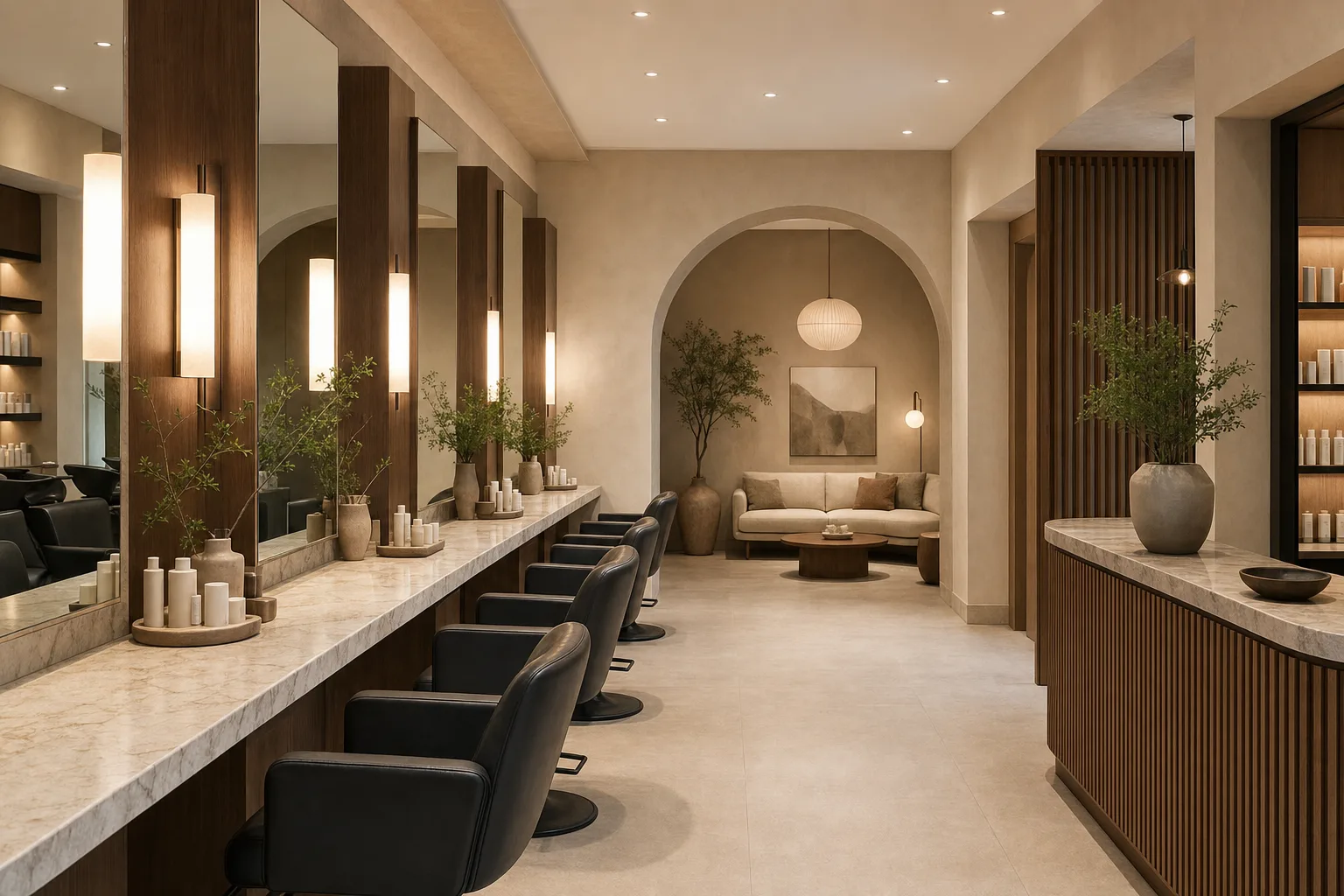 Elegant salon seating and reception area