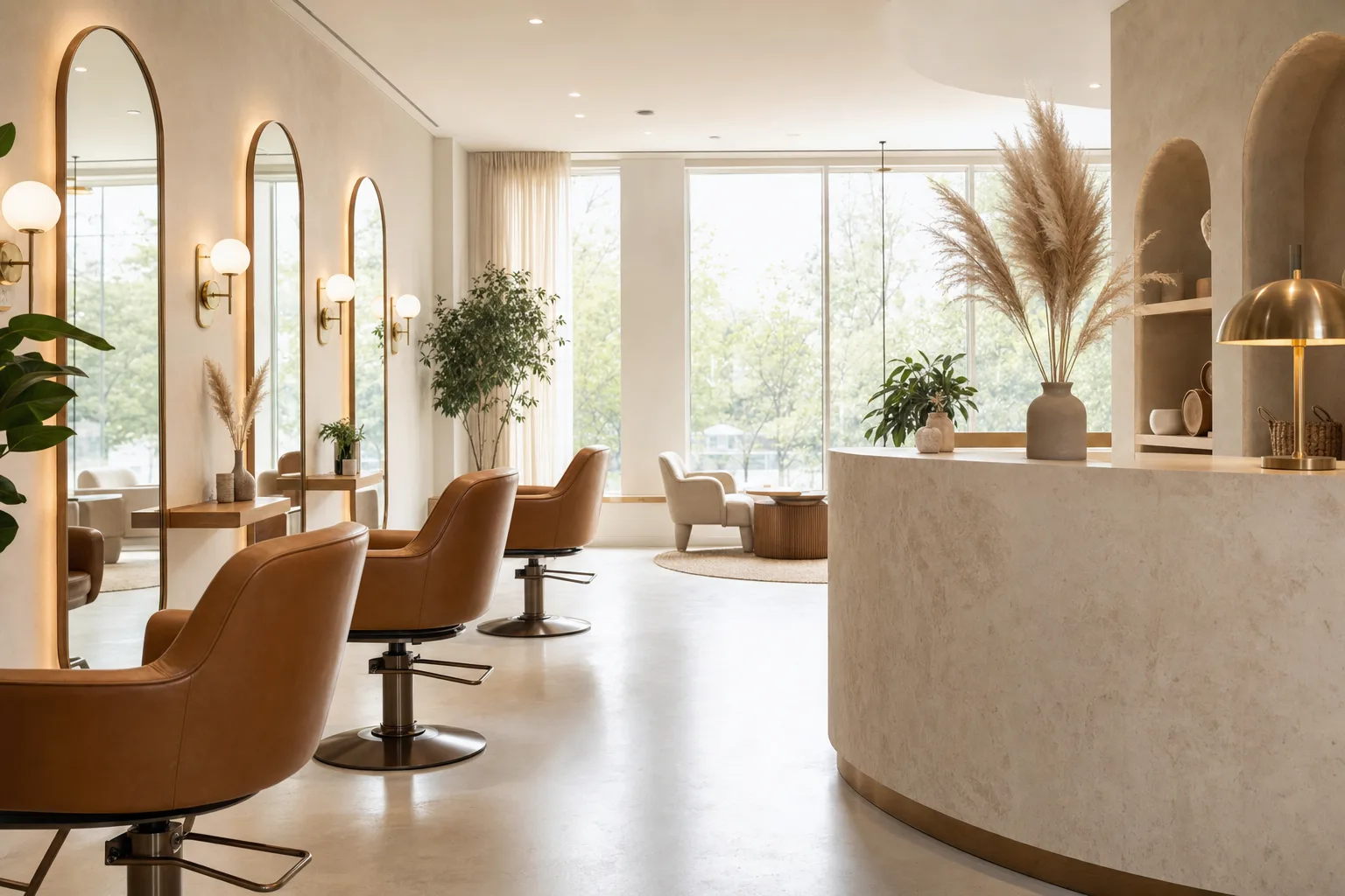 Bright, refined hair salon with styling stations
